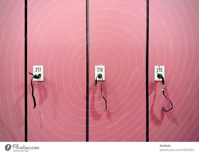215-217 | Pink lockers in the swimming pool Lockbox Lockers Cupboard Swimming pool dressing Key Close Digits and numbers Detail door Keep Open Safety Bathroom