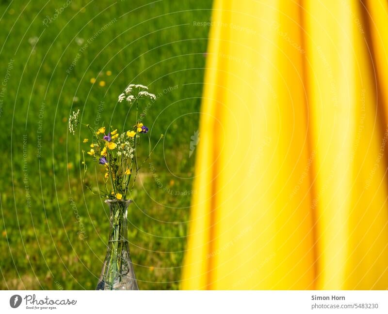 Bouquet of wild flowers next to yellow parasol, meadow in background Sunshade Yellow Decoration Summer Meadow Nature optimistic Alps Alpine pasture alpine hut