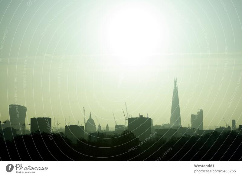 UK, London, skyline with 20 Fenchurch Street, St Paul's Cathedral and The Shard in backlight silhouette silhouettes morning light View Vista Look-Out outlook