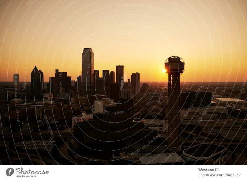 USA, Texas, Aerial photograph of the Dallas skyline at sunrise morning in the morning Backlit back light backlight back lighting back lit Skyline Skylines