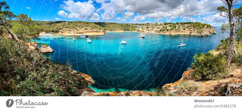 Spain, Mallorca, panoramic view of Portals Vells bay island islands View Vista Look-Out outlook outdoors outdoor shots location shot location shots Majorca boat