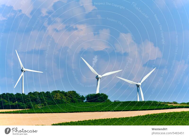 Germany, Rhineland-Palatinate, Wind turbines and fields Fuel and Power Generation energy generation power production power generation nature natural world Field