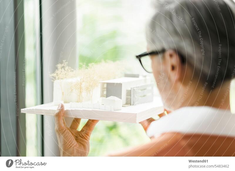 Back view of man looking at architectural model watching Architectural Model seeing viewing models men males architects Adults grown-ups grownups adult people
