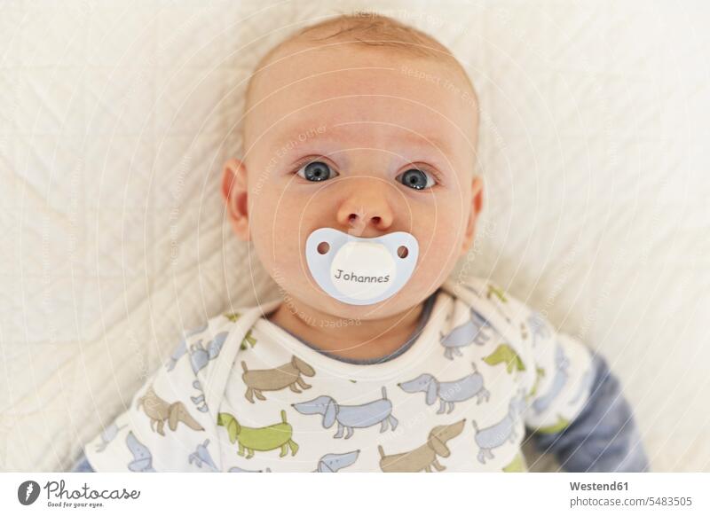 Portrait of baby with pacifier Pacifiers comforter soother babies infants portrait portraits people persons human being humans human beings lying laying down