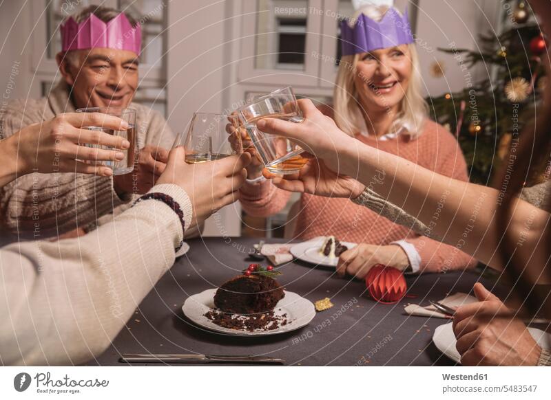 Happy senior couple with paper crowns clinking glasses while having Christmas pudding with their family living room living rooms livingroom happiness happy