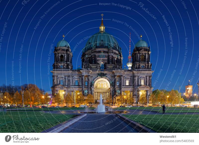 Germany, Berlin, view to lighted Berliner Dom with television tower in the background evening in the evening Museumsinsel Museum Island TV Tower