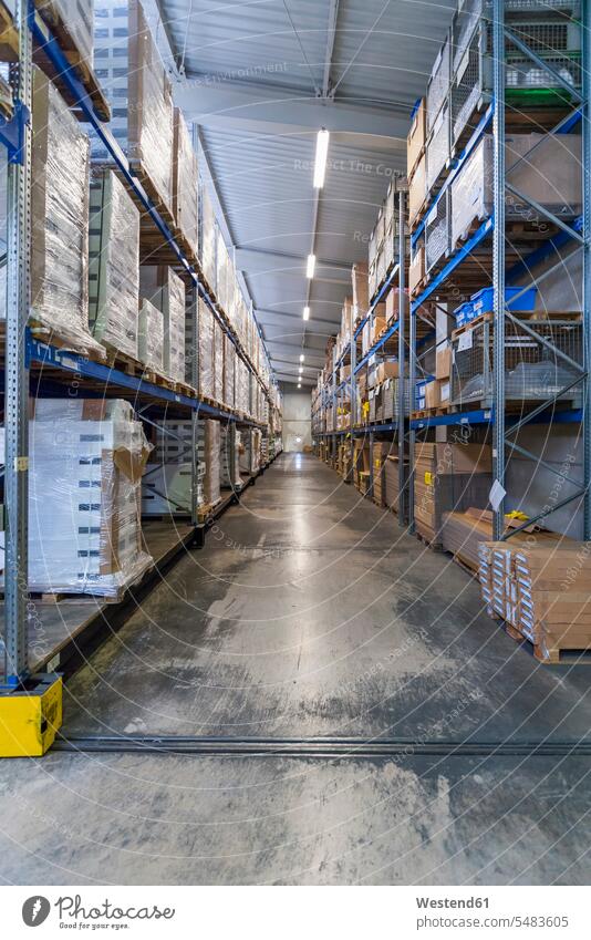High rack warehouse with packed products ready for shipment cardboard box Cardboard Carton carton cardboard boxes Cardboards cartons industrial hall shop floor
