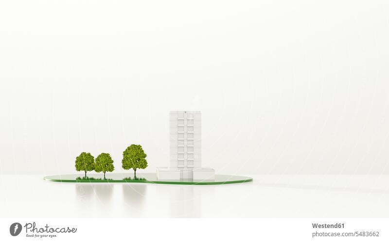 Trees in front of apartment building, 3d rendering sparse Minimal miniature miniatures Architecture symbolical picture Symbolism high-rise multistorey building