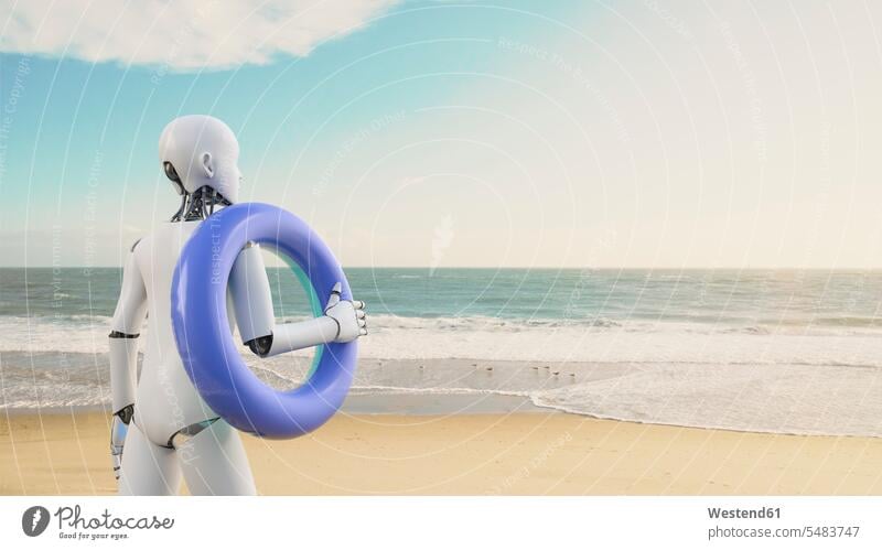 Robot holding floating tire on the beach, 3d rendering symbolical picture Symbolism work-life balance Work Life Balance vacation Holidays 3d Illustration