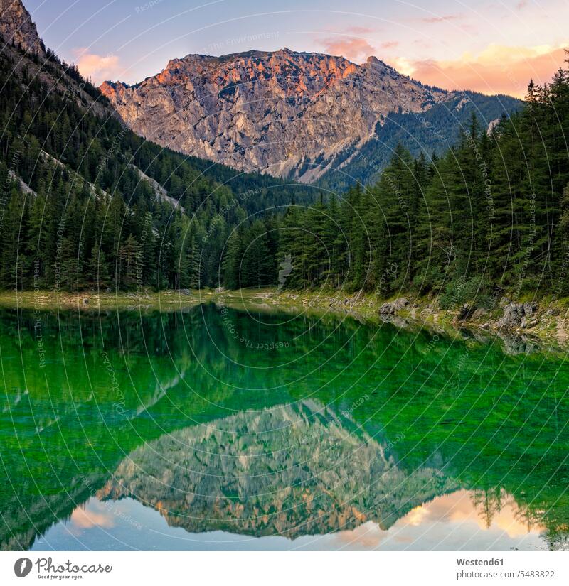 Austria, Styria, Tragoess, View of Hochschwab Mountain Messnerin, mirrored in green lake cloud clouds Vista Look-Out outlook mountain massif sunset sunsets