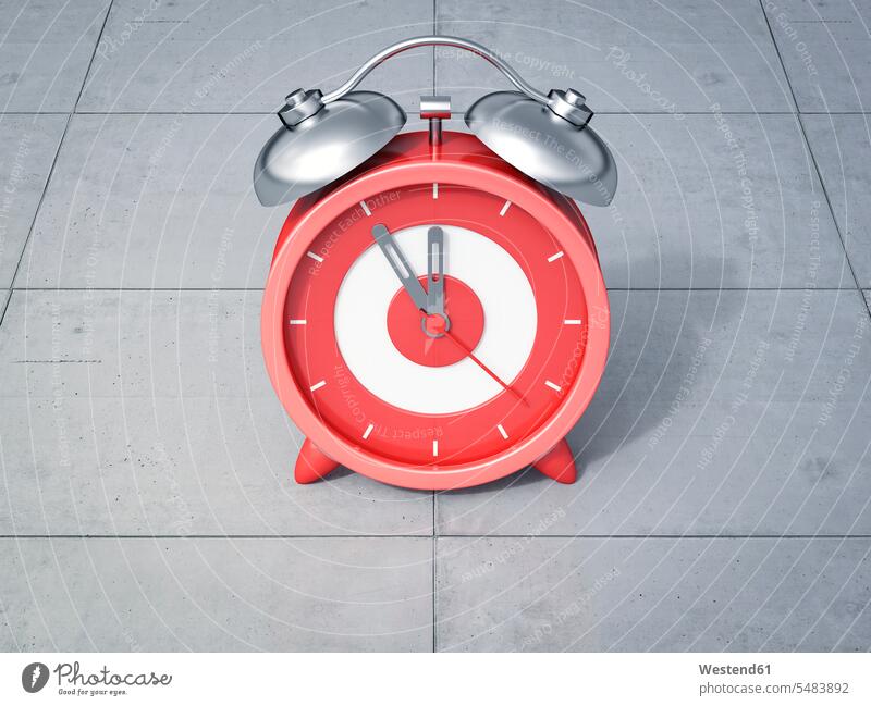 3D Rendering, red alarm clock, five to twelve accuracy accurate Precision Exactitude Exactness exact Hurry rushing Urgency urgent hurrying In A Hurry concrete