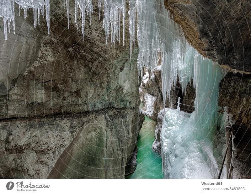 Germany, Garmisch-Partenkirchen, View of icicles in partnachklamm gorge cold Cold Weather Cold Temperature chilly nobody winter hibernal rock face rock wall