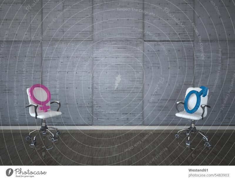 Swivel chairs with mars and venus signs against concrete wall Office Offices 3d Illustration 3D-Rendering 3D Rendering symbolical picture Symbolism copy space