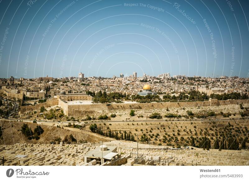 Israel, Jerusalem, cityscape with Dome of the Rock landmark Emblem Middle East Judaism Jewry building buildings outdoors outdoor shots location shot