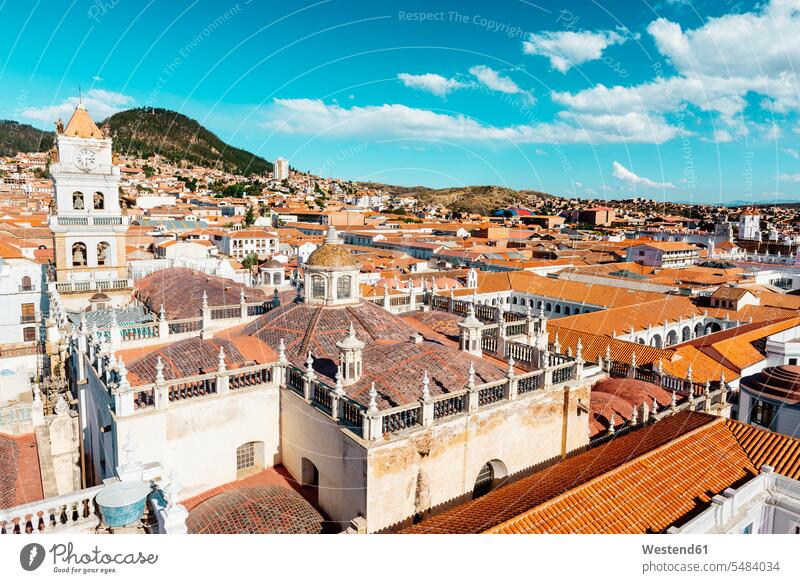 Bolivia, Sucre, City scape with cathedral nobody townscape cathedrals elevated view High Angle View High Angle Shot Travel destination Destination