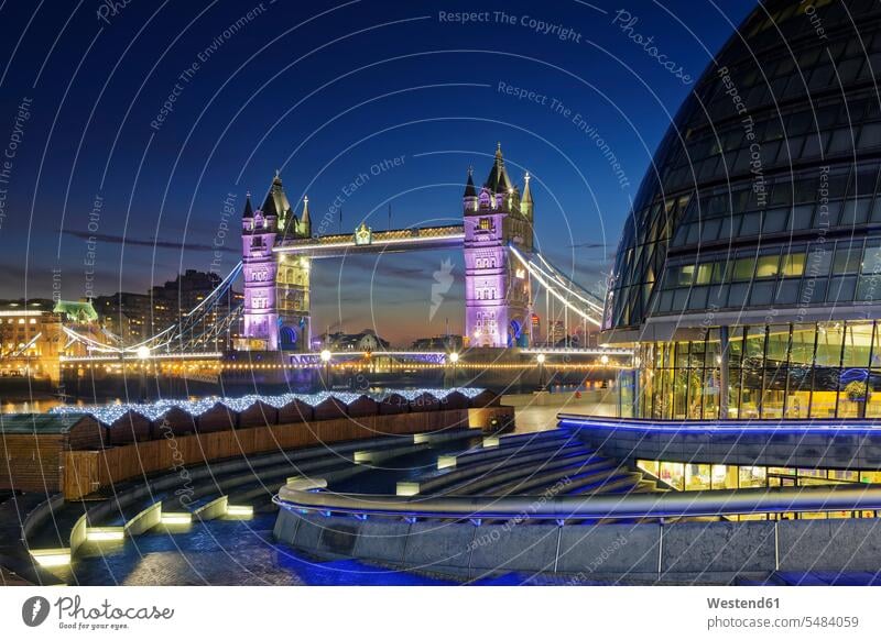 UK, London, City Hall and Tower Bridge at night capital Capital Cities Capital City illumination lighting outdoors outdoor shots location shot location shots