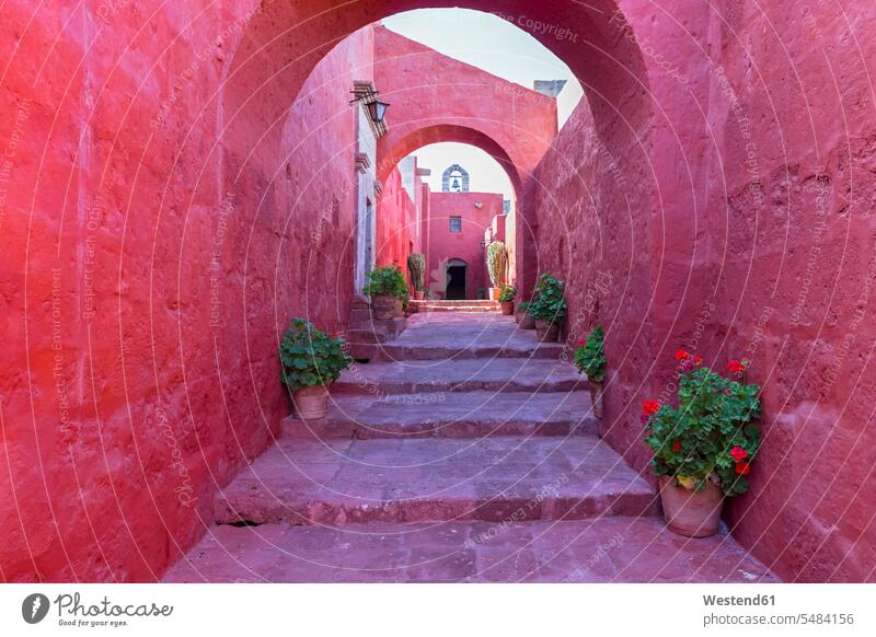 Peru, Arequipa, Santa Catalina Monastery, alley steps stair monastery Architecture sunlight Sunlit landmark sight place of interest arch building exterior
