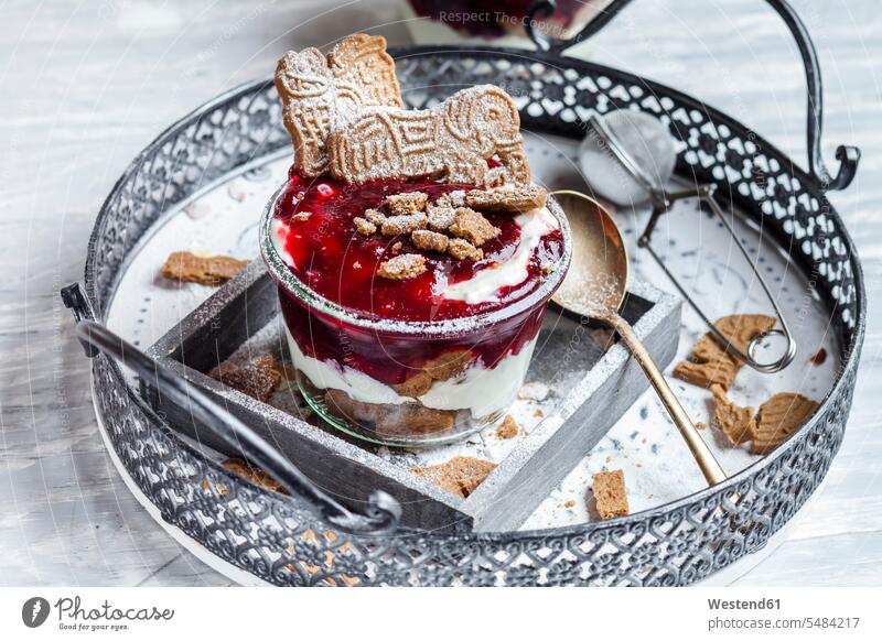 Glass of dessert of almond biscuits, Greek yoghurt and cranberry compote Dessert Afters Desserts layered Christmas flavor Christmas flavour christmas time