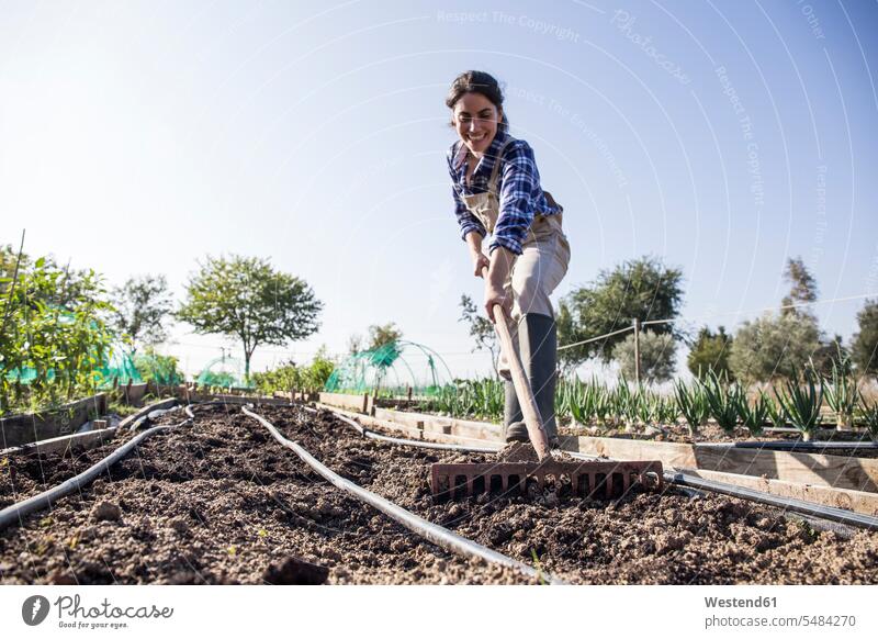 Woman working on farm, preparing vegetable patch with rake raking Plant Nursery nursery organic organic edibles vegetable garden kitchen gardens soil