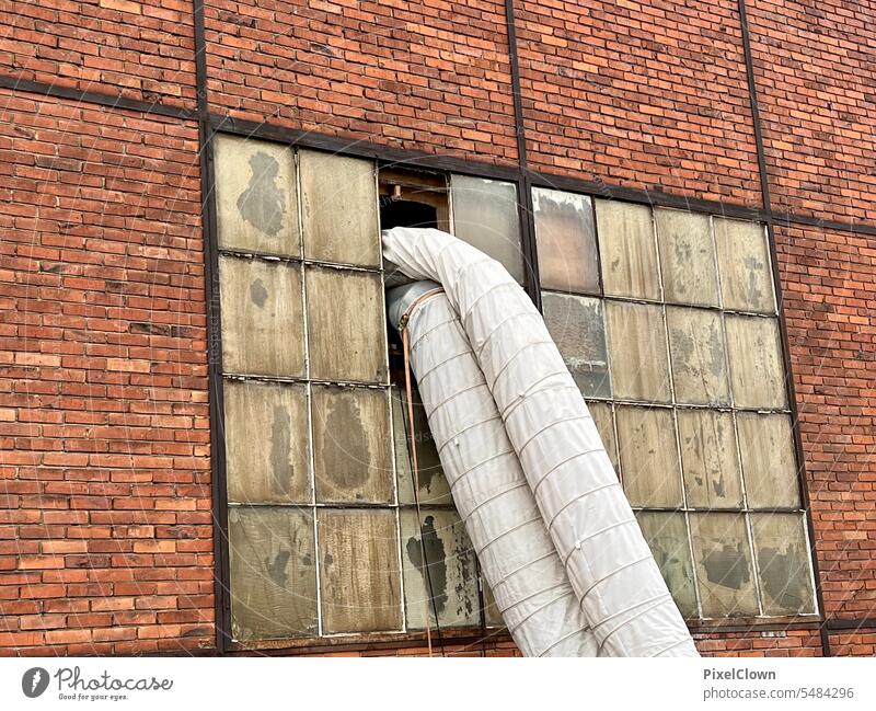 Hoses in an old factory Factory Building Industrial plant Architecture Exterior shot Facade Industry Deserted Wall (barrier) Wall (building)
