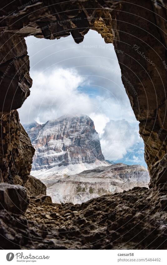 View out of a loophole of the Mount Lagazuoi tunnels, built during the First World War, Dolomite Alps in South Tirol war dolomites rock mount tourism monument