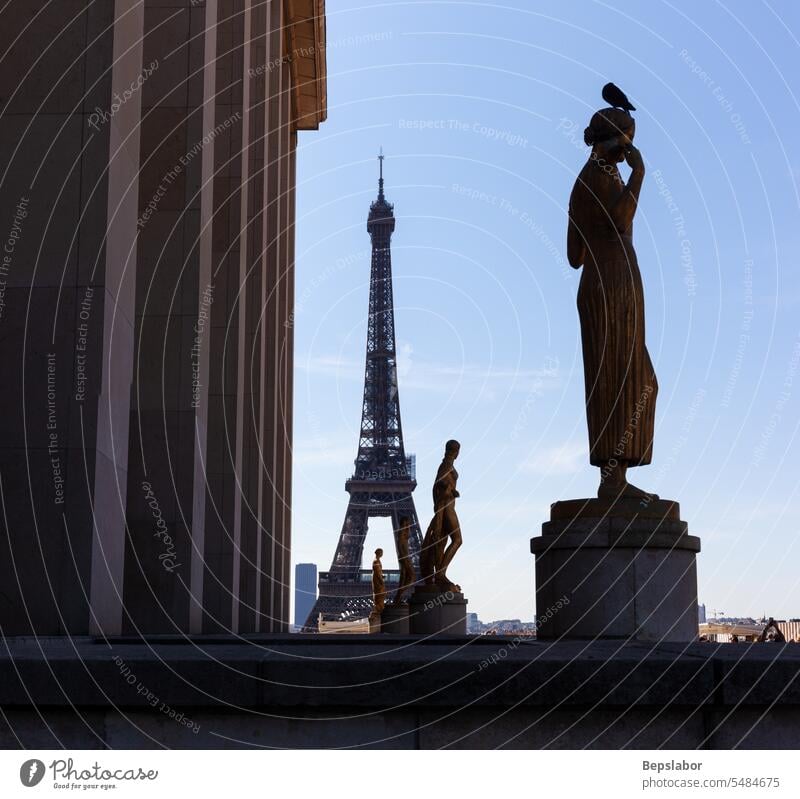 Gold Sculptures on Trocadero with Eiffel Tower on background, Paris statue sculpture city travel art famous place france chaillot outdoors architecture europe