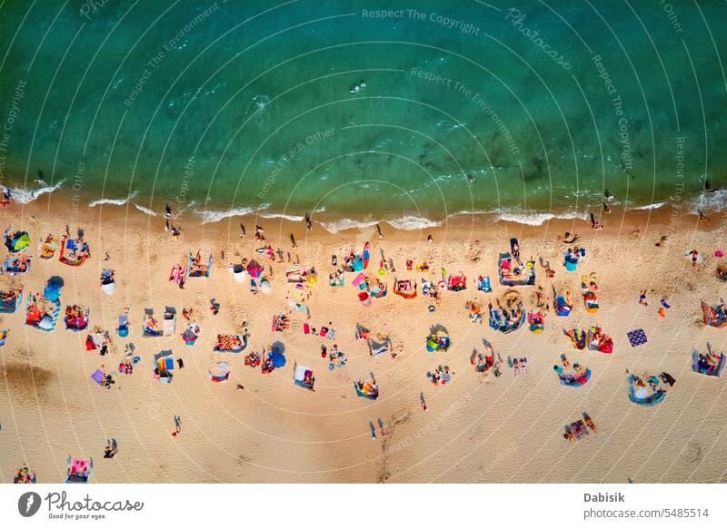 Aerial view of Baltic Sea beach with swimming people in Wladyslawowo, Poland sea baltic crowded summer poland sunbathing season wladyslawowo coastline landscape