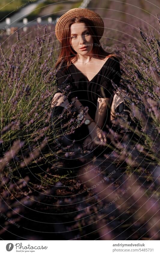 Young romantic woman in black dress and straw hat is sitting in blooming fragrant purple lavender field. Attractive brunette girl enjoying life and dreaming. Natural beauty concept