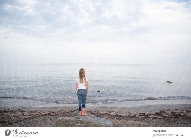 girl by the sea youthful Girl Child Ocean relaxation holidays Grief Clarity wide on one's own Summer vacation Baltic Sea North Sea Water Beach
