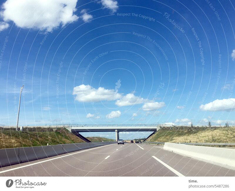 departed | on the road in France Highway motorway bridge Motor vehicle Transport Road traffic Sky Clouds Beautiful weather Driving Speed Traffic infrastructure