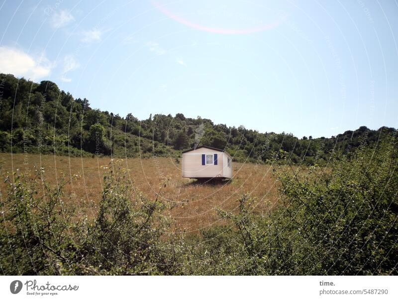 departed | Tinyhouse in hillside location tiny house Meadow slope gradient dwell Manmade structures Architecture Edge of the forest Sky Horizon bush at home
