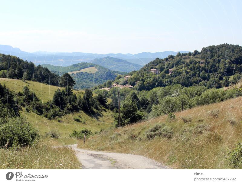 Landscape in south of France with road and mountains off Street Horizon Environment Nature vacation travel In transit Sky Trip Freedom Tourism Longing sunny