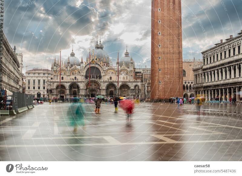 The St. Mark's Square in Venice during Bad Weather and High Tide, Venice cathedral venice landmark san marco campanile sky clouds square walk exposure people
