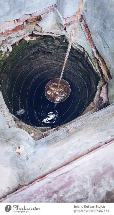 Old draw well with filled water bucket seen from above. Drawing well Well Water Old times Farm Agriculture Drinking water Refreshment Exterior shot