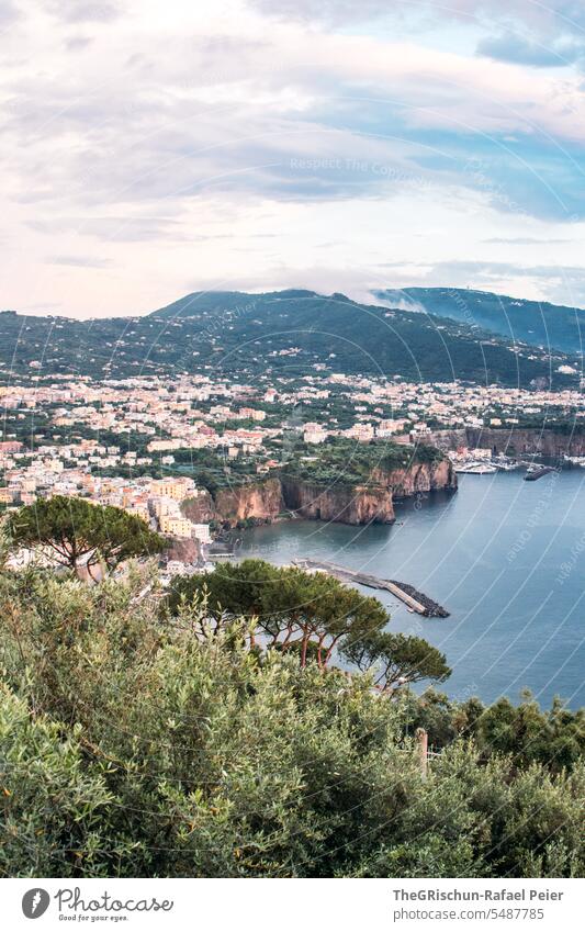 Amalfi Coast - view of a town on the cliff Italy coast Summer Landscape Nature Tourism Vacation & Travel houses coasts trees Cliff vacation Colour photo