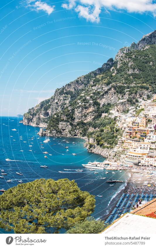 Amalfi Coast - Positano by day Italy coast Summer Landscape Nature Tourism Vacation & Travel Ocean Water houses coasts trees Cliff Beautiful weather Sky