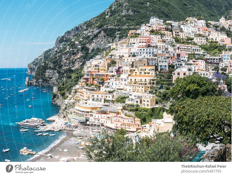 Amalfi Coast - Positano by day Italy coast Summer Landscape Nature Tourism Vacation & Travel Ocean Water houses coasts trees Cliff Beautiful weather Sky