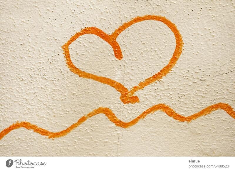 orange heart and wavy line on a wall / graffiti Heart sweetheart Orange Graffiti Sincere token of love Display of affection Wavy line house wall Blog