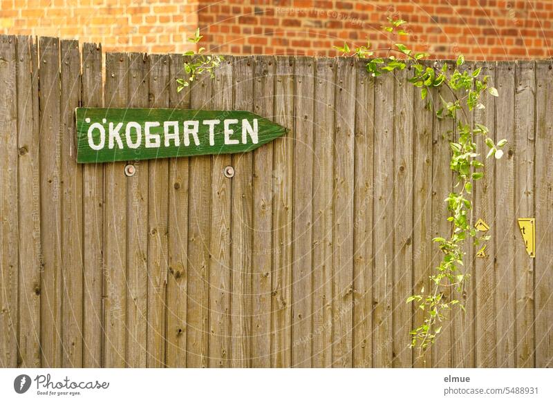 green wooden sign - ecogarden - on a wall made of wooden slats in front of a brick building Ecogarden Wooden wall Signage Brick building Signs and labeling Clue