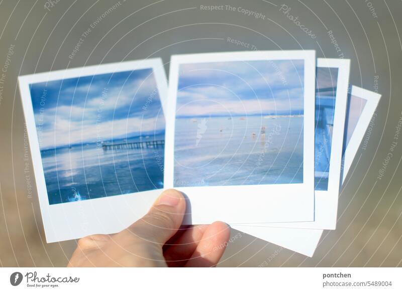 one hand holding four polaroid photos in front of bright background. water, lake garda Polaroid Lake Garda Blue Water Indicate stop instant photo