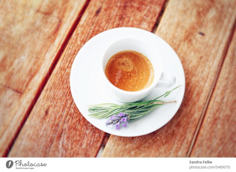 A white espresso cup with espresso on a wooden table. On the saucer is a sprig of lavender. Espresso Wooden table Coffee Colour photo Cup Beverage Coffee break