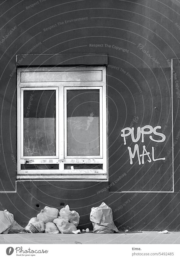 Consciousness-raising | State of the art graffiti saying Wall (building) Window Trash refuse sacks Fart fart Flatulence Facade Street art Daub Mural painting