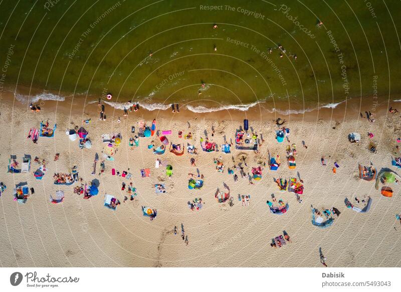Aerial view of Baltic Sea beach with swimming people in Wladyslawowo, Poland sea baltic crowded summer poland sunbathing season wladyslawowo coastline landscape