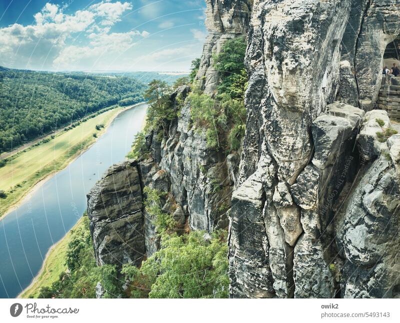 Big chunk vantage point Wall of rock Massive Elbsandstone mountains Saxony Mountain Rock Sky Clouds Elements Plant Landscape Environment Tourist Attraction