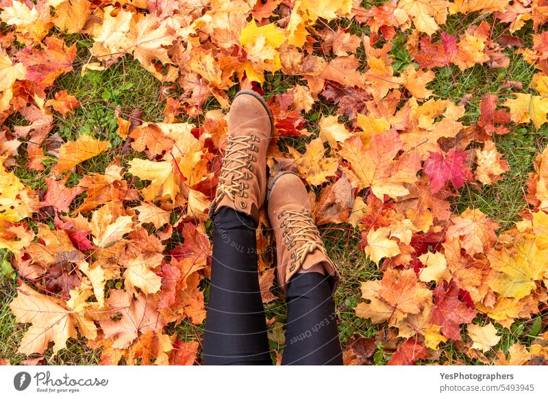Woman boots surrounded by autumn leaves, above view Outdoors alone beautiful beauty bright casual close-up color colorful enjoy fall foliage germany golden