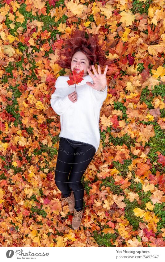 Woman lying on ground covered with autumn leaves, above view Outdoors alone beautiful beauty bright casual color colorful enjoy fall foliage germany golden