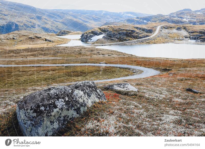 Curvy road on a plateau in Norway, with lake and rock in foreground Street curvy High plain far Rock farsightedness Far-off places Longing Driving Landscape