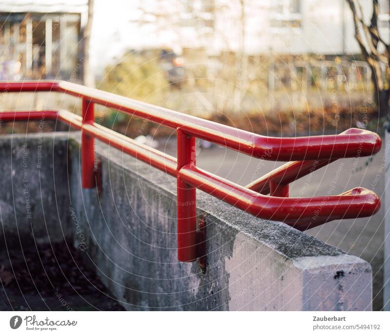 Red railing, handrail from the 70s, concrete and curve Concrete Steel 1970s Swing Curve Concrete wall Architecture architectonically To hold on Door handle