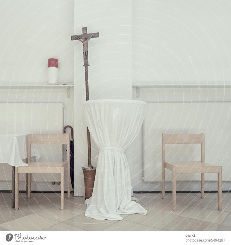 After the fair sacristy Church house of God interior Interior shot Deserted silent Chair Simple Calm Orderliness Crucifix Religion and faith Tradition