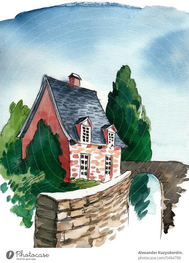 Old house. Ink and watercolor sketch architecture art background cottage country design europe fairy hand home illustration isolated landscape old roof rural